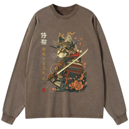 Tokyo-Tiger Cat Samurai Japanese Art Washed Long Sleeve T-Shirt