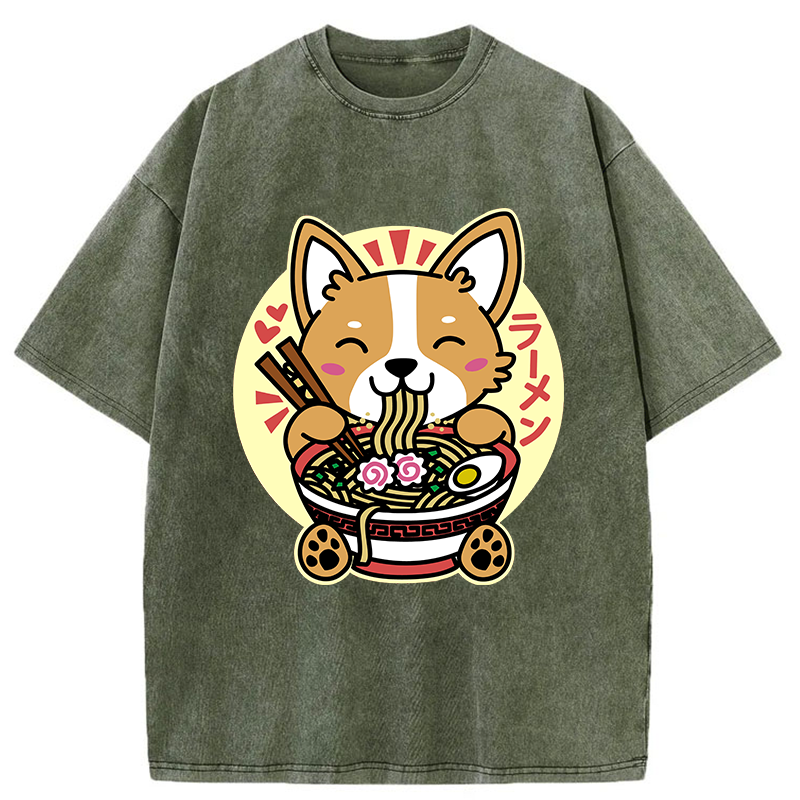 Tokyo-Tiger Corgi Eats Ramen Washed T-Shirt