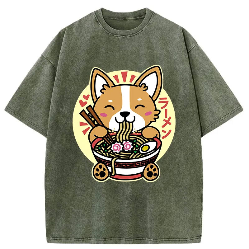 Tokyo-Tiger Corgi Eats Ramen Washed T-Shirt
