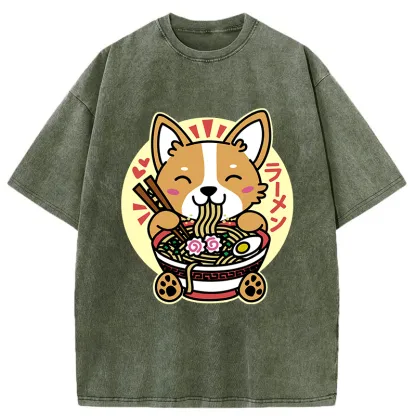 Tokyo-Tiger Corgi Eats Ramen Washed T-Shirt