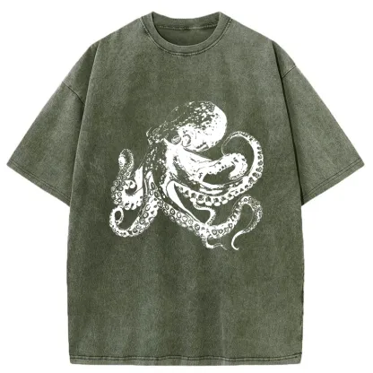 Tokyo-Tiger Woodcut Octopus Washed T-Shirt