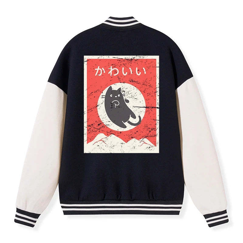 Tokyo-Tiger Cute Black Cat Japanese Embroidery Varsity Jacket Sale