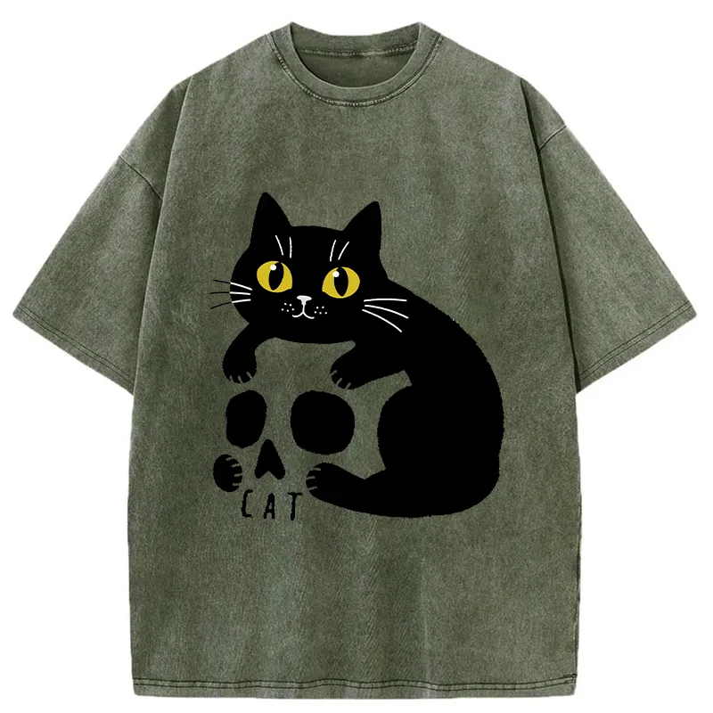 Tokyo-Tiger Cat And Skull Washed T-Shirt