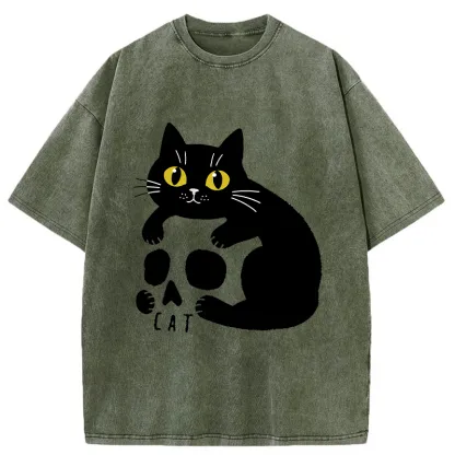 Tokyo-Tiger Cat And Skull Washed T-Shirt