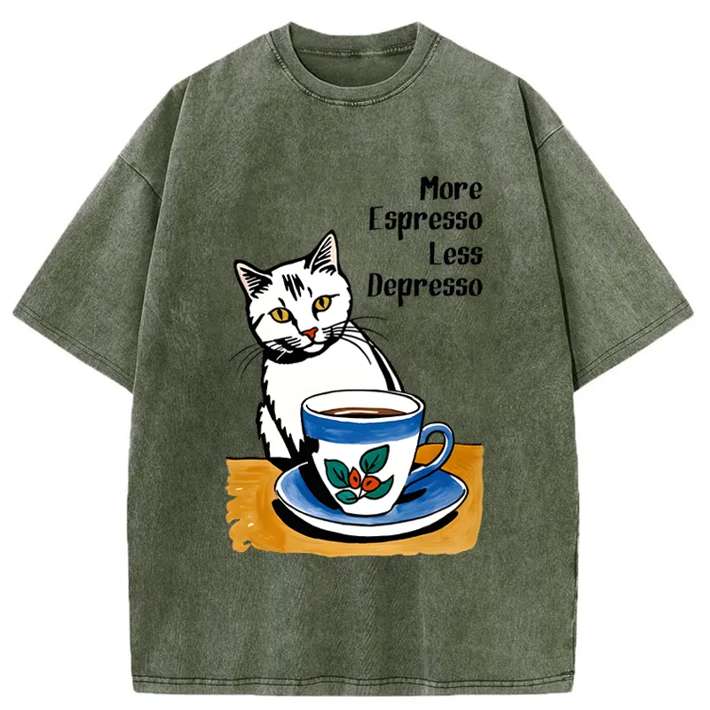 Tokyo-Tiger Cute Cat Drinking Coffee Washed T-Shirt