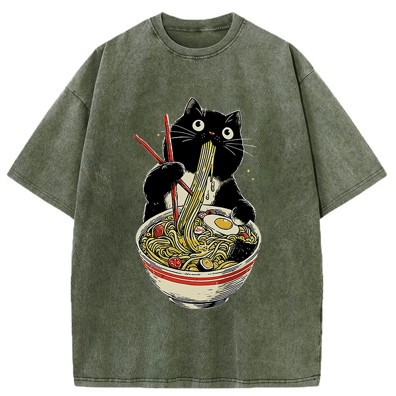 Tokyo-Tiger Black Cat Eats Ramen Japanese Washed T-Shirt