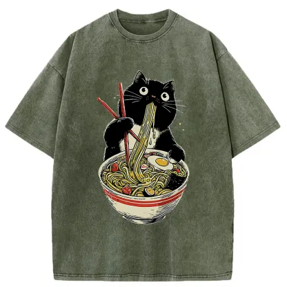 Tokyo-Tiger Black Cat Eats Ramen Japanese Washed T-Shirt