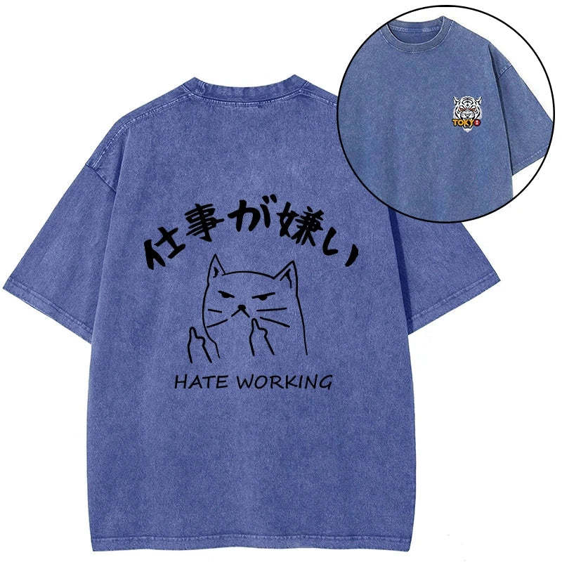 Tokyo-Tiger A Cat That Hates Work Front Back Washed T-Shirt-tokyo-tiger