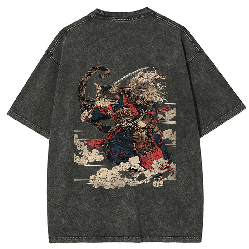 Tokyo-Tiger Gorgeous Samurai Cat Washed T-Shirt