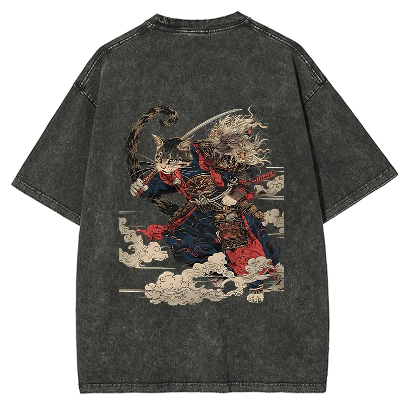 Tokyo-Tiger Gorgeous Samurai Cat Washed T-Shirt