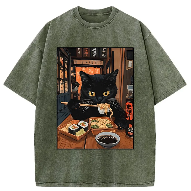 Tokyo-Tiger Black Cat Eating At Sushi Restaurant Washed T-Shirt