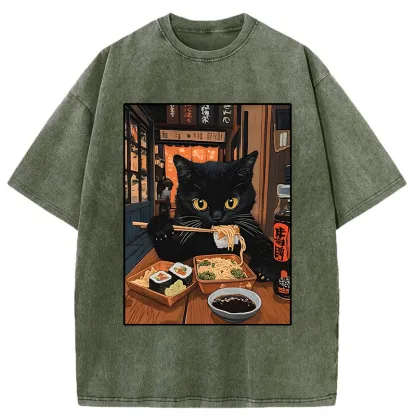 Tokyo-Tiger Black Cat Eating At Sushi Restaurant Washed T-Shirt