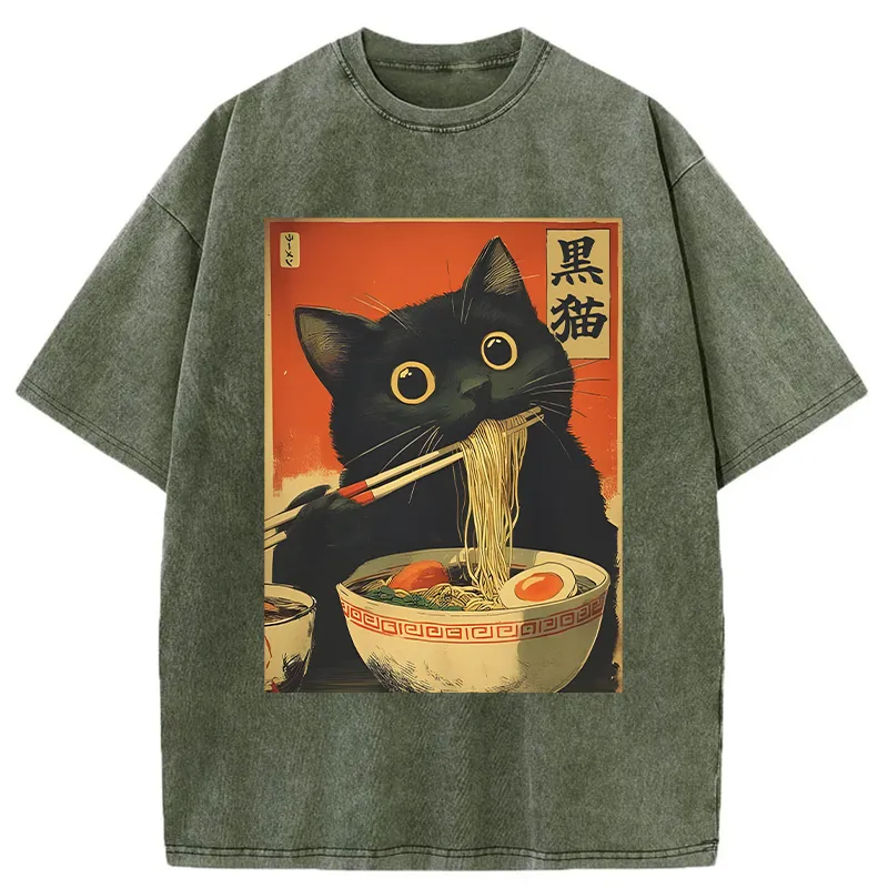 Tokyo-Tiger Black Cat Eats Japanese Ramen Retro Washed T-Shirt