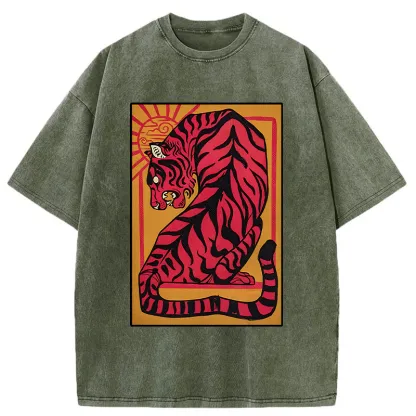 Tokyo-Tiger Powerful Tiger Woodcut Print Washed T-Shirt