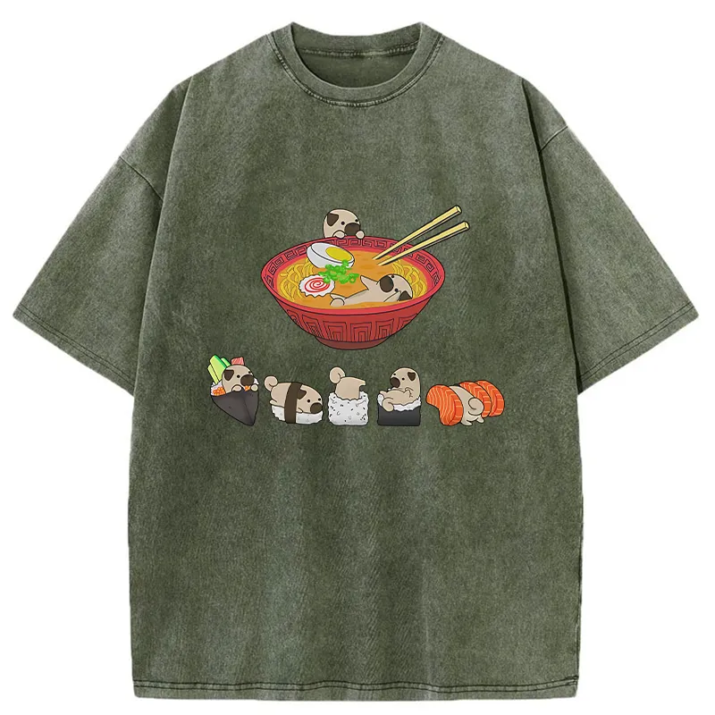 Tokyo-Tiger Pug Dog And Japanese Foods Washed T-Shirt
