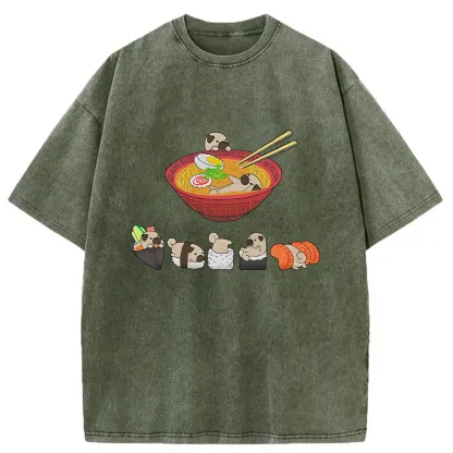 Tokyo-Tiger Pug Dog And Japanese Foods Washed T-Shirt