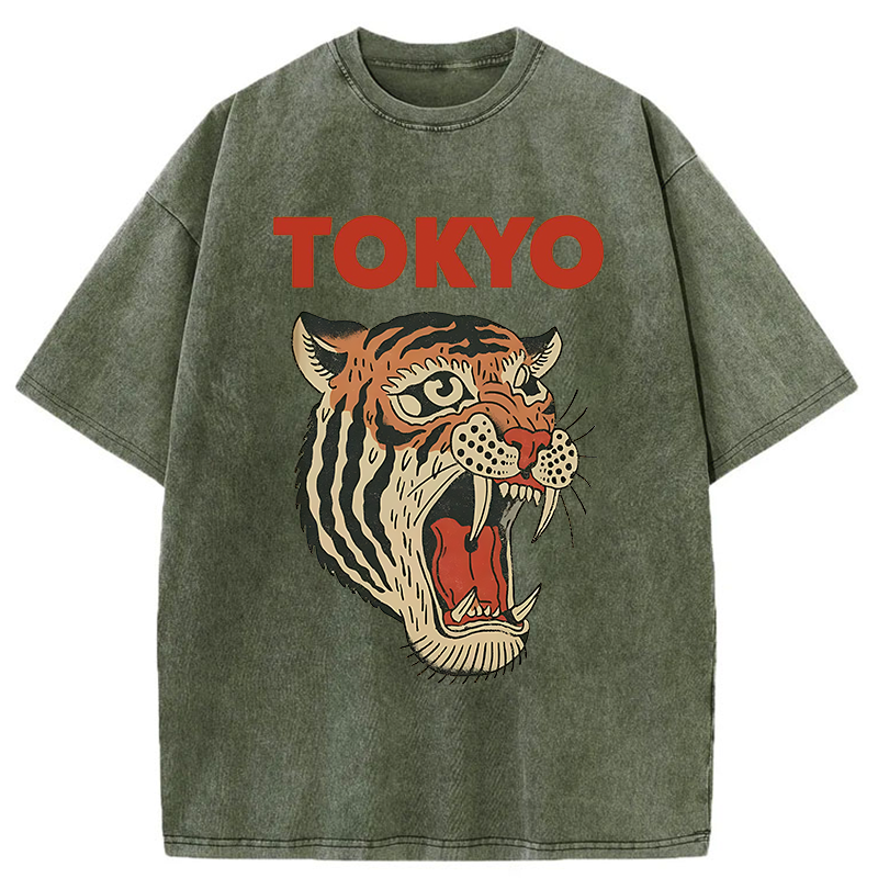 Tokyo-Tiger Retro Ukiyo-e Tiger Washed T-Shirt