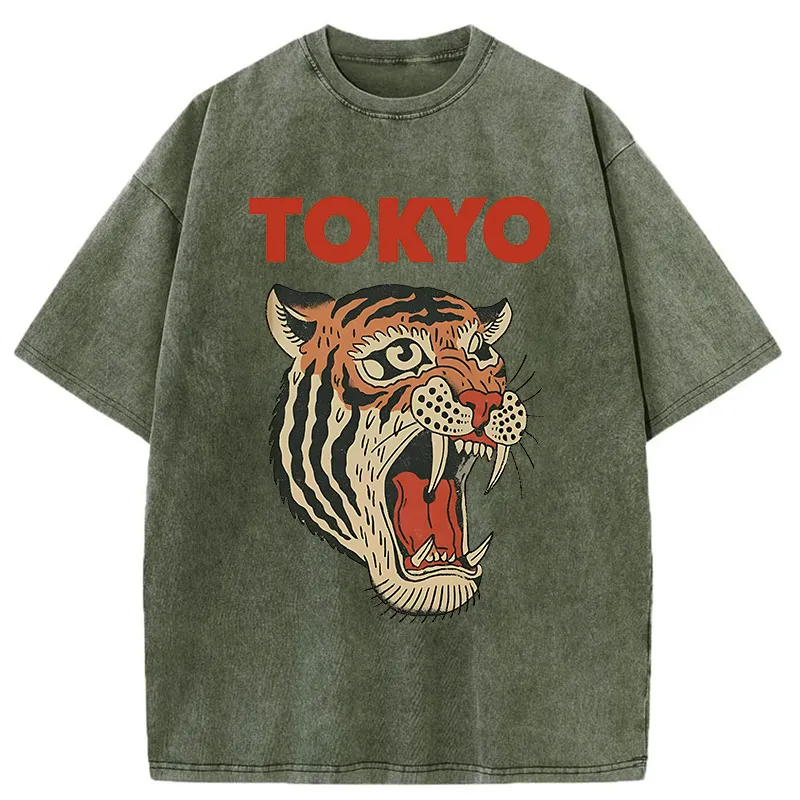 Tokyo-Tiger Retro Ukiyo-e Tiger Washed T-Shirt