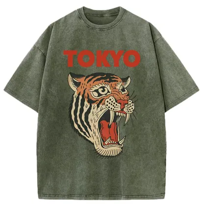 Tokyo-Tiger Retro Ukiyo-e Tiger Washed T-Shirt