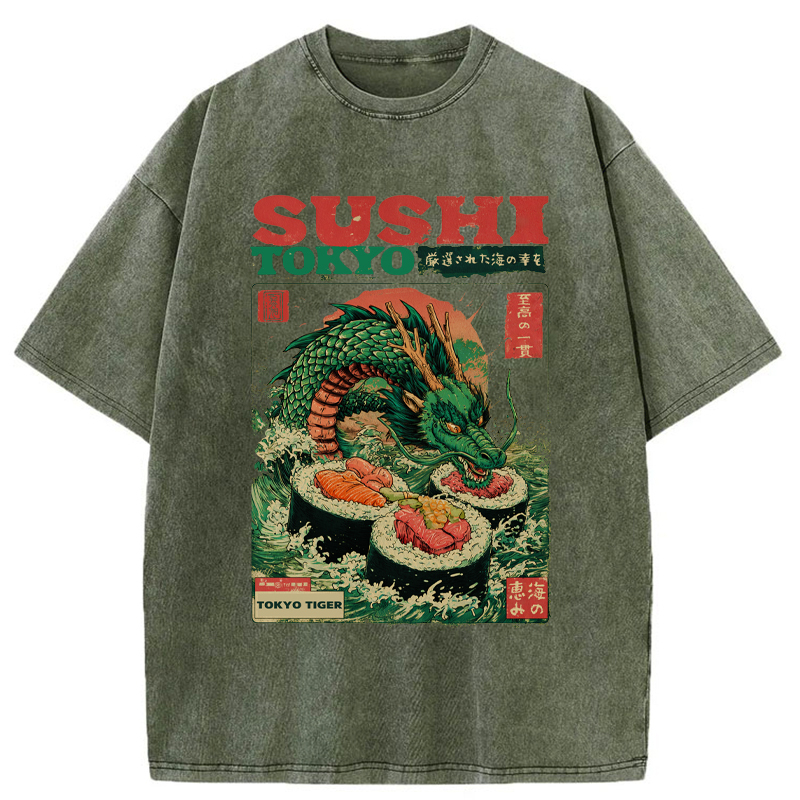 Tokyo-Tiger Ocean Dragon Sushi Washed T-Shirt