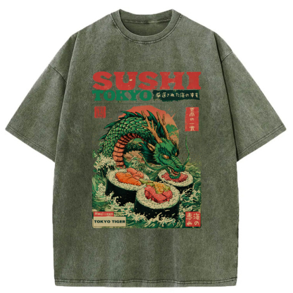 Tokyo-Tiger Ocean Dragon Sushi Washed T-Shirt