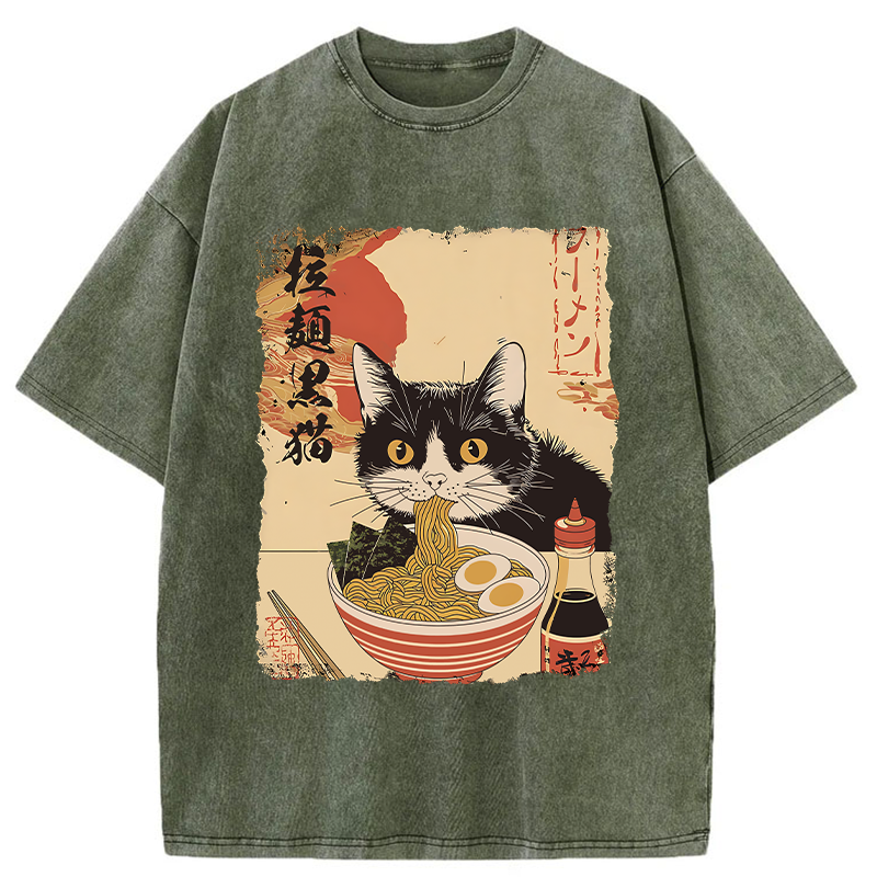 Tokyo-Tiger Black Cat Eats Ramen Japan Retro Washed T-Shirt