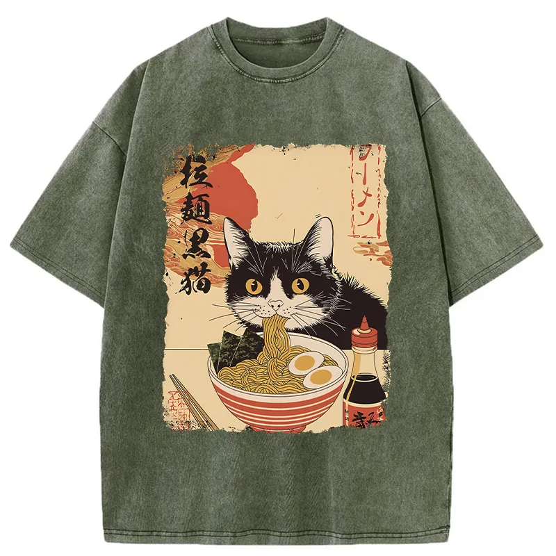 Tokyo-Tiger Black Cat Eats Ramen Japan Retro Washed T-Shirt