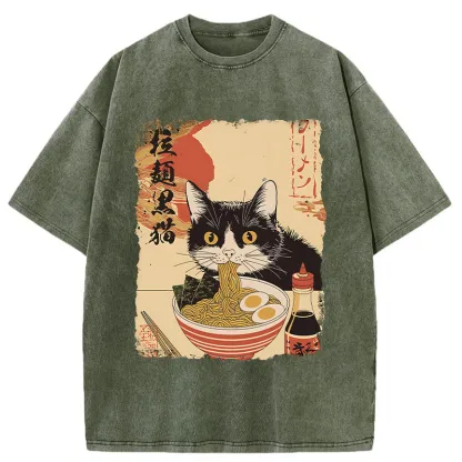 Tokyo-Tiger Black Cat Eats Ramen Japan Retro Washed T-Shirt