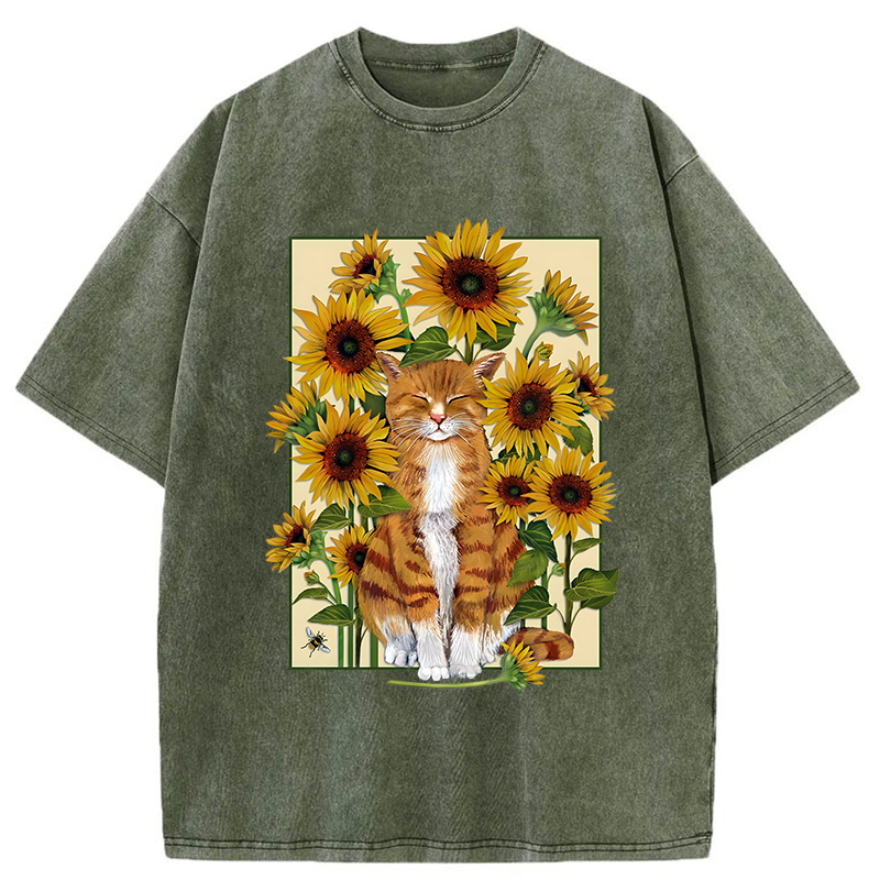 Tokyo-Tiger Sunflower And Orange Cat Washed T-Shirt