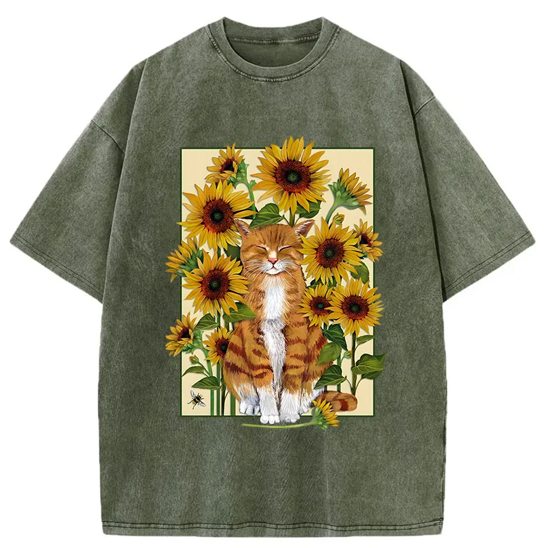Tokyo-Tiger Sunflower And Orange Cat Washed T-Shirt