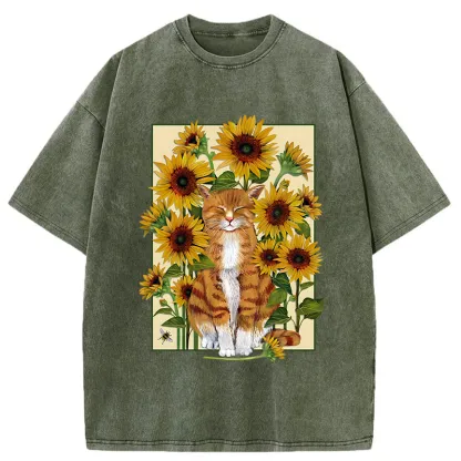 Tokyo-Tiger Sunflower And Orange Cat Washed T-Shirt