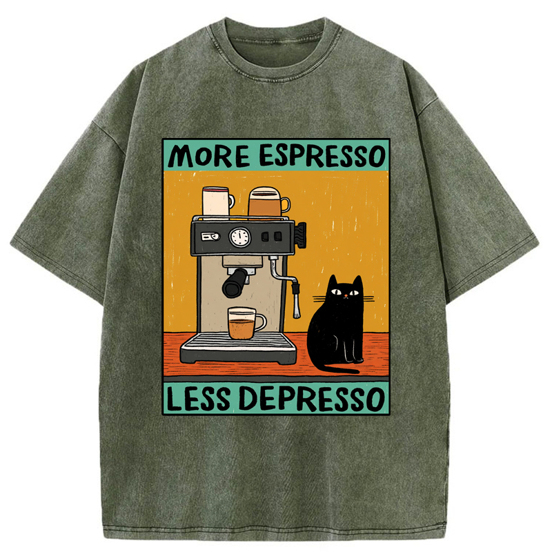 Tokyo-Tiger More Espresso Less Depresso Cat Washed T-Shirt