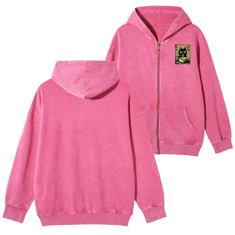 Tokyo-Tiger Cute Black Cat Eating Ramen Japan Washed Zip Hoodie