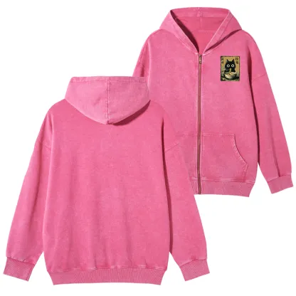 Tokyo-Tiger Cute Black Cat Eating Ramen Japan Washed Zip Hoodie