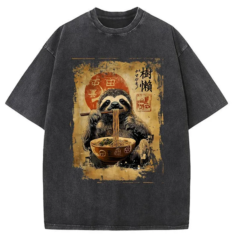 Tokyo-Tiger Sloth Eating Ramen Washed T-Shirt