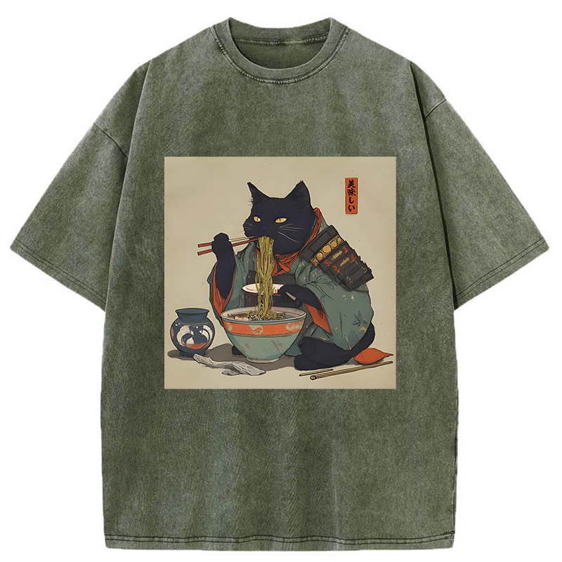 Tokyo-Tiger Cat Warrior Eating Ramen Washed T-Shirt