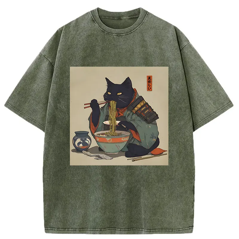 Tokyo-Tiger Cat Warrior Eating Ramen Washed T-Shirt