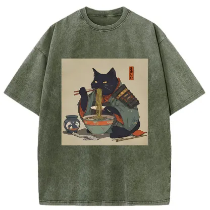 Tokyo-Tiger Cat Warrior Eating Ramen Washed T-Shirt