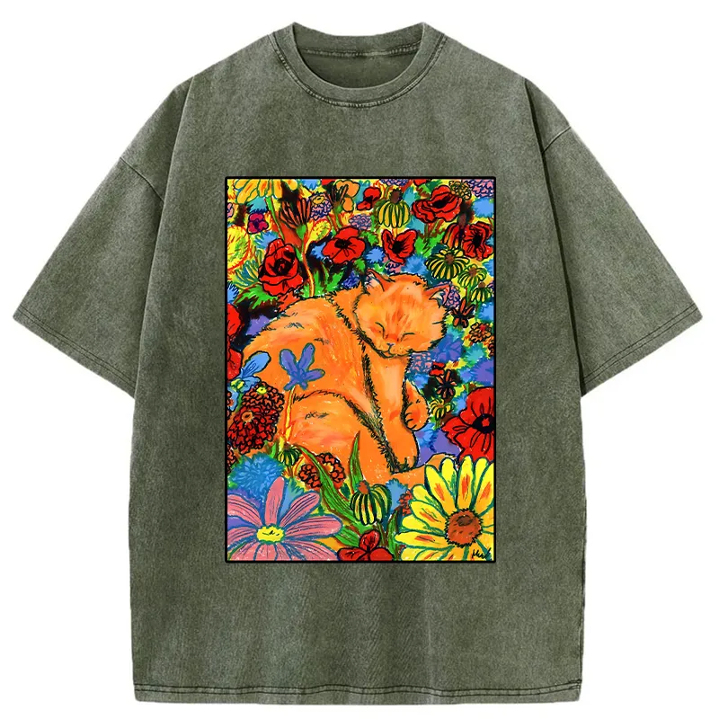 Tokyo-Tiger Colorful Orange Cats And Flowers Washed T-Shirt Sale