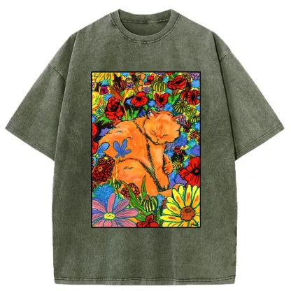 Tokyo-Tiger Colorful Orange Cats And Flowers Washed T-Shirt
