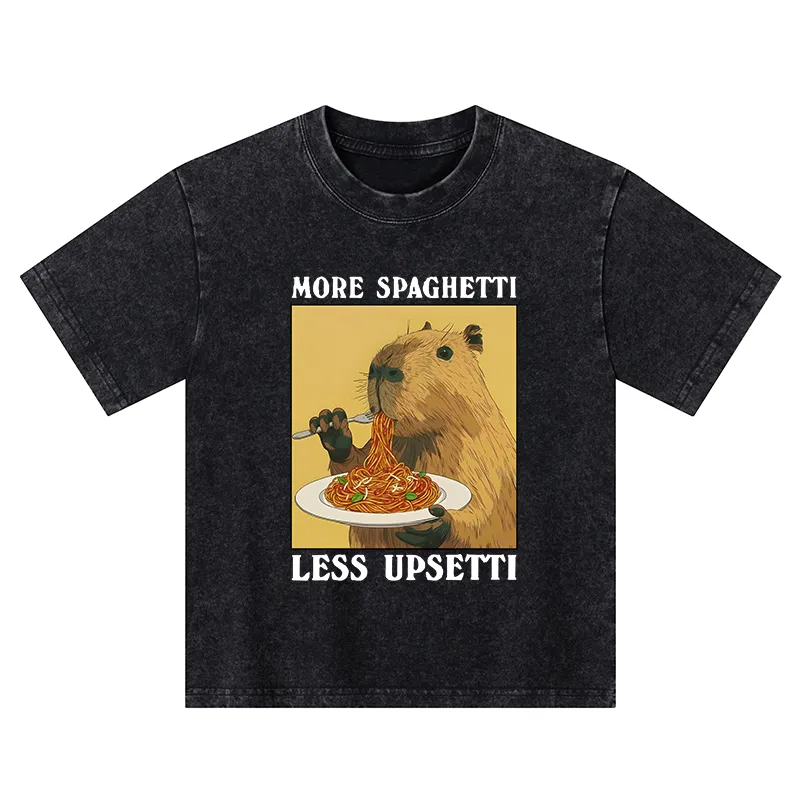 Tokyo-Tiger Capybara Eating Pasta Kids Washed T-Shirt