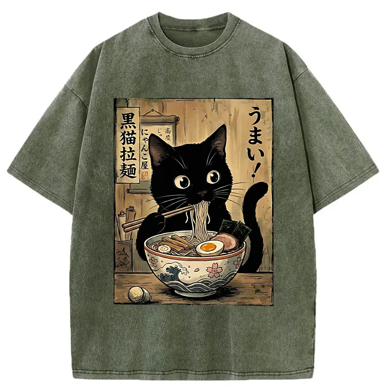 Tokyo-Tiger Black Cat Eats Delicious Japanese Ramen Washed T-Shirt