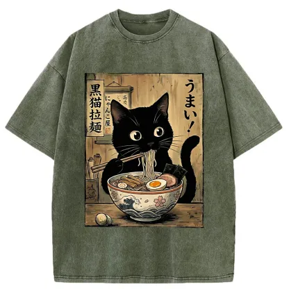 Tokyo-Tiger Black Cat Eats Delicious Japanese Ramen Washed T-Shirt