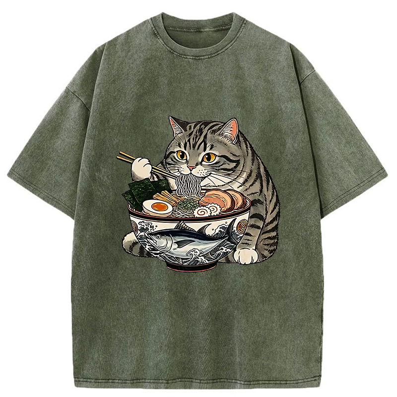 Tokyo-Tiger Fat Cat Eats Delicious Japanese Ramen Washed T-Shirt