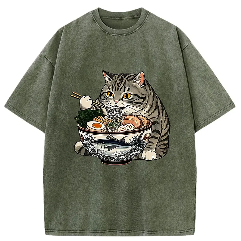 Tokyo-Tiger Fat Cat Eats Delicious Japanese Ramen Washed T-Shirt