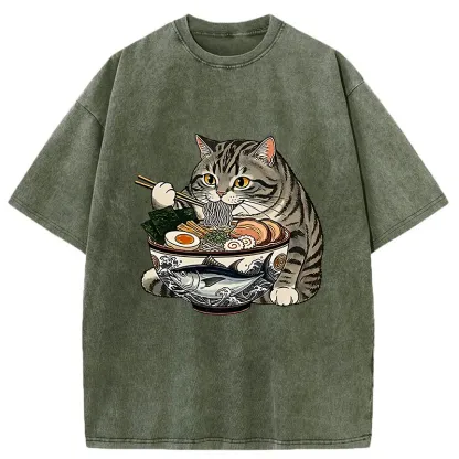 Tokyo-Tiger Fat Cat Eats Delicious Japanese Ramen Washed T-Shirt