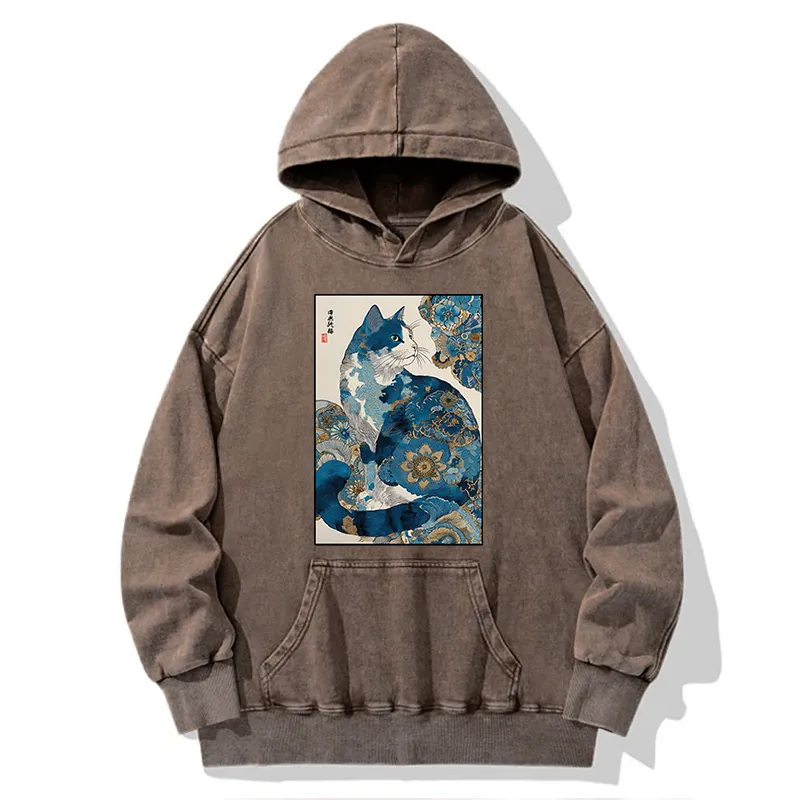 Tokyo-Tiger Japanese Ukiyo-e Flowers Cat Washed Hoodie