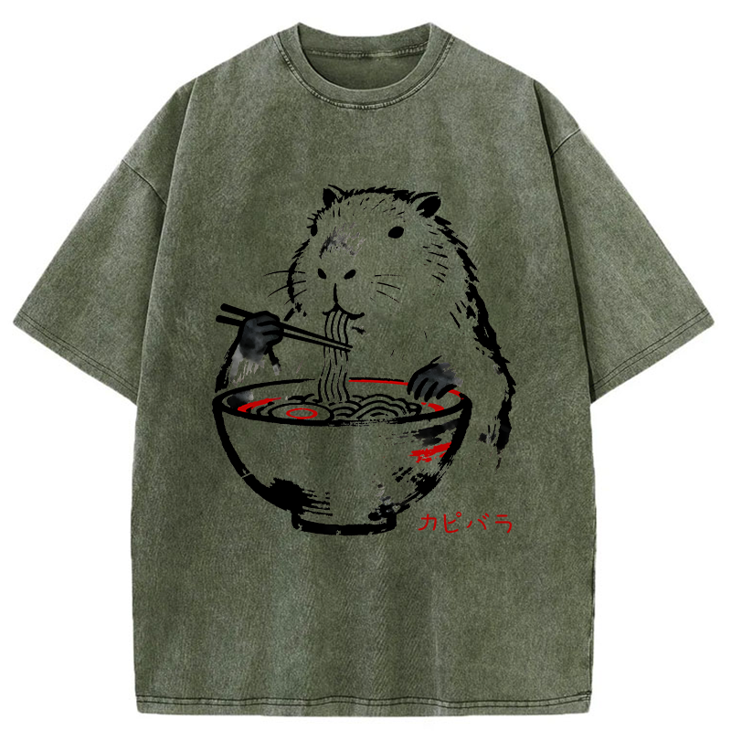 Tokyo-Tiger Capybaras Eat Delicious Ramen Washed T-Shirt