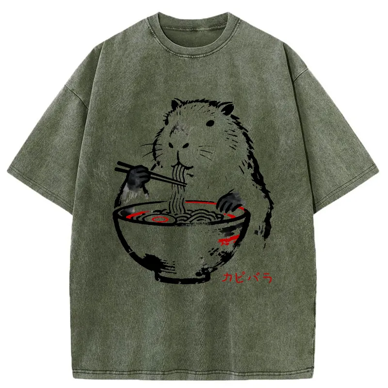 Tokyo-Tiger Capybaras Eat Delicious Ramen Washed T-Shirt