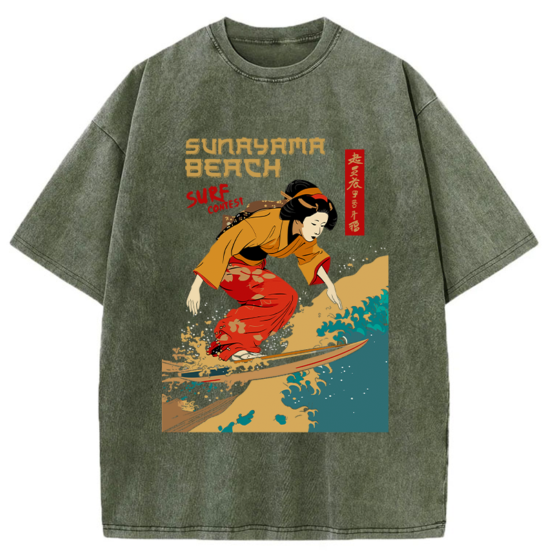 Tokyo-Tiger Surfing Geisha Washed T-Shirt